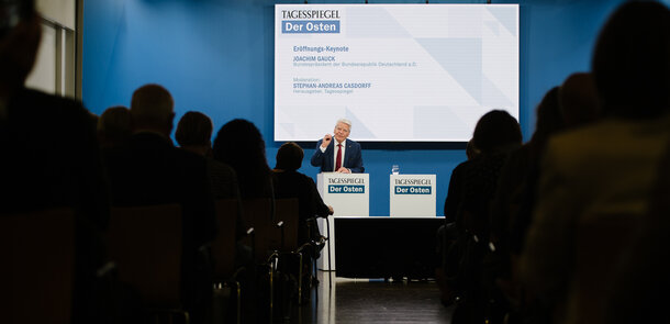 Bundespräsident a.D. Joachim Gauck hält eine Rede bei der Berliner Tagesspiegel-Konferenz